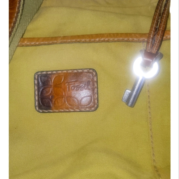 Fossil Canvas Leather Green and Brown/Caramel  Hobo Y2K Retro Crossbody Bag - Picture 4 of 9